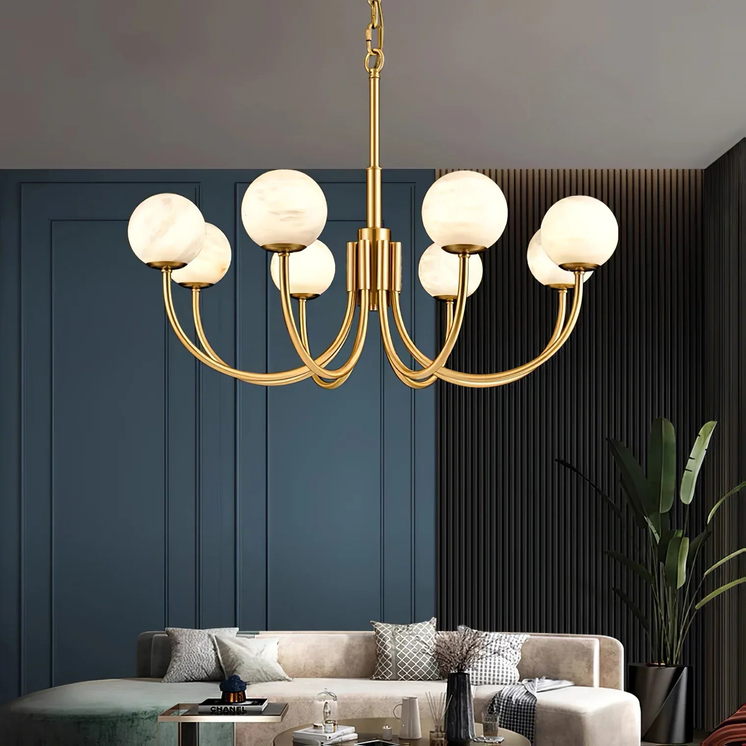 Brass Alabaster Round Chandelier