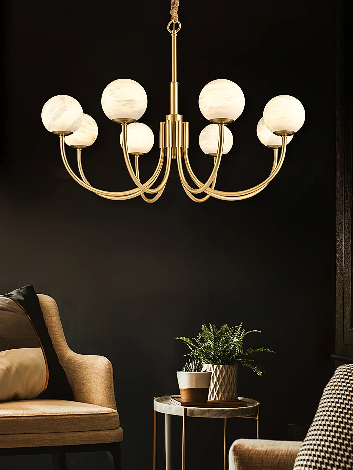 Brass Alabaster Round Chandelier