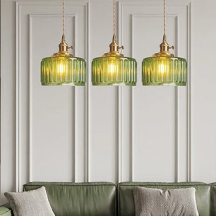 Vintage Cylinder Ribbed Glass Pendant Light