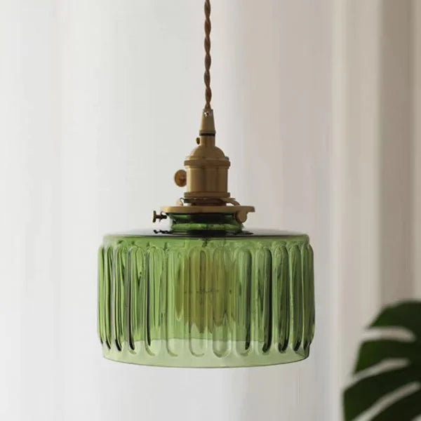 Vintage Cylinder Ribbed Glass Pendant Light