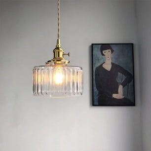 Vintage Cylinder Ribbed Glass Pendant Light